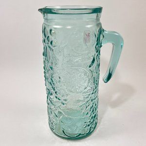 Vetreria Etrusca Italy Aqua Blue Fruit Pattern Pressed Glass Pitcher 56 oz